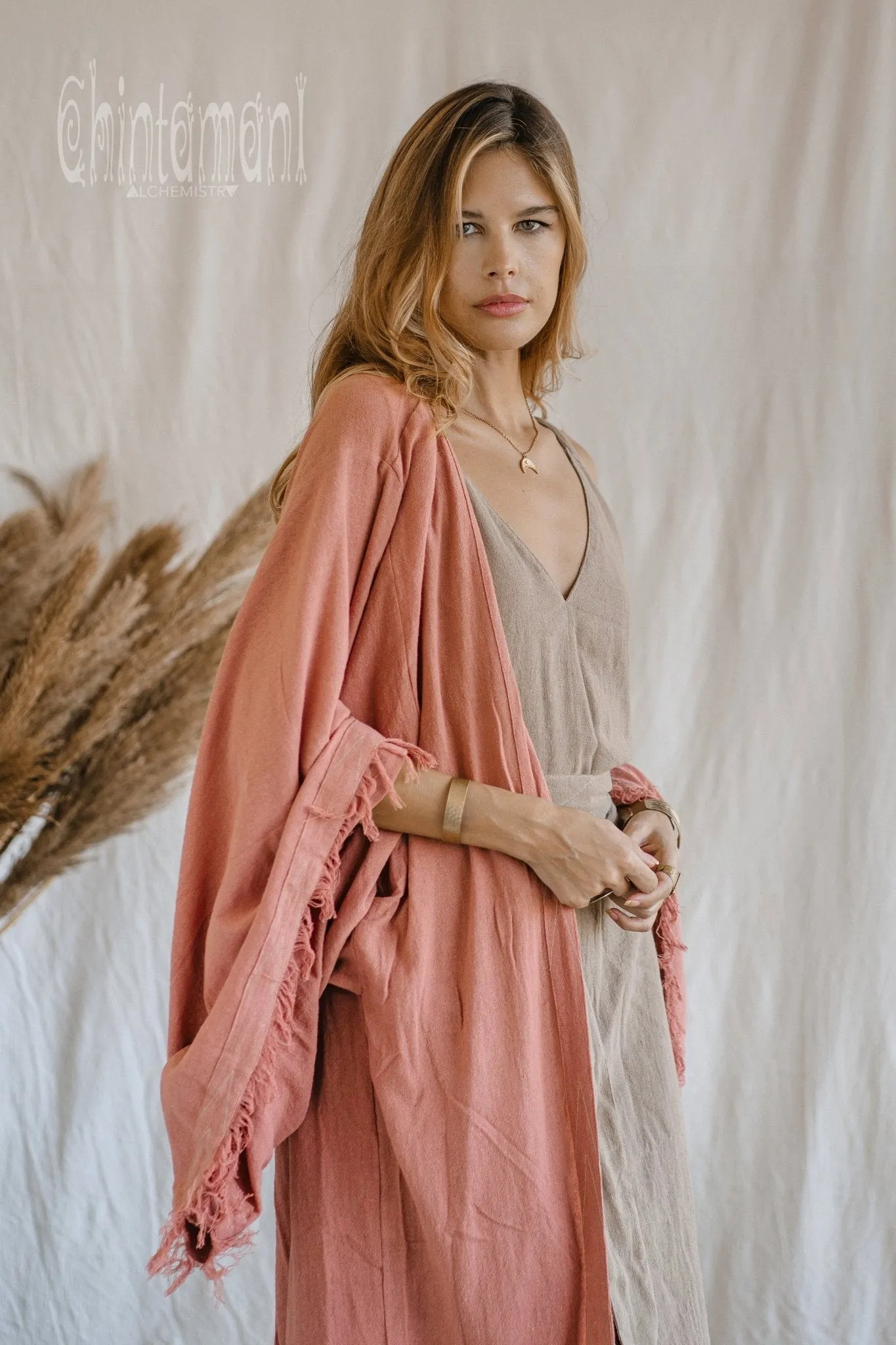 Huge Wide Sleeves Kimono Cardigan / Raw Cotton Wrap Robe / Soft Pink