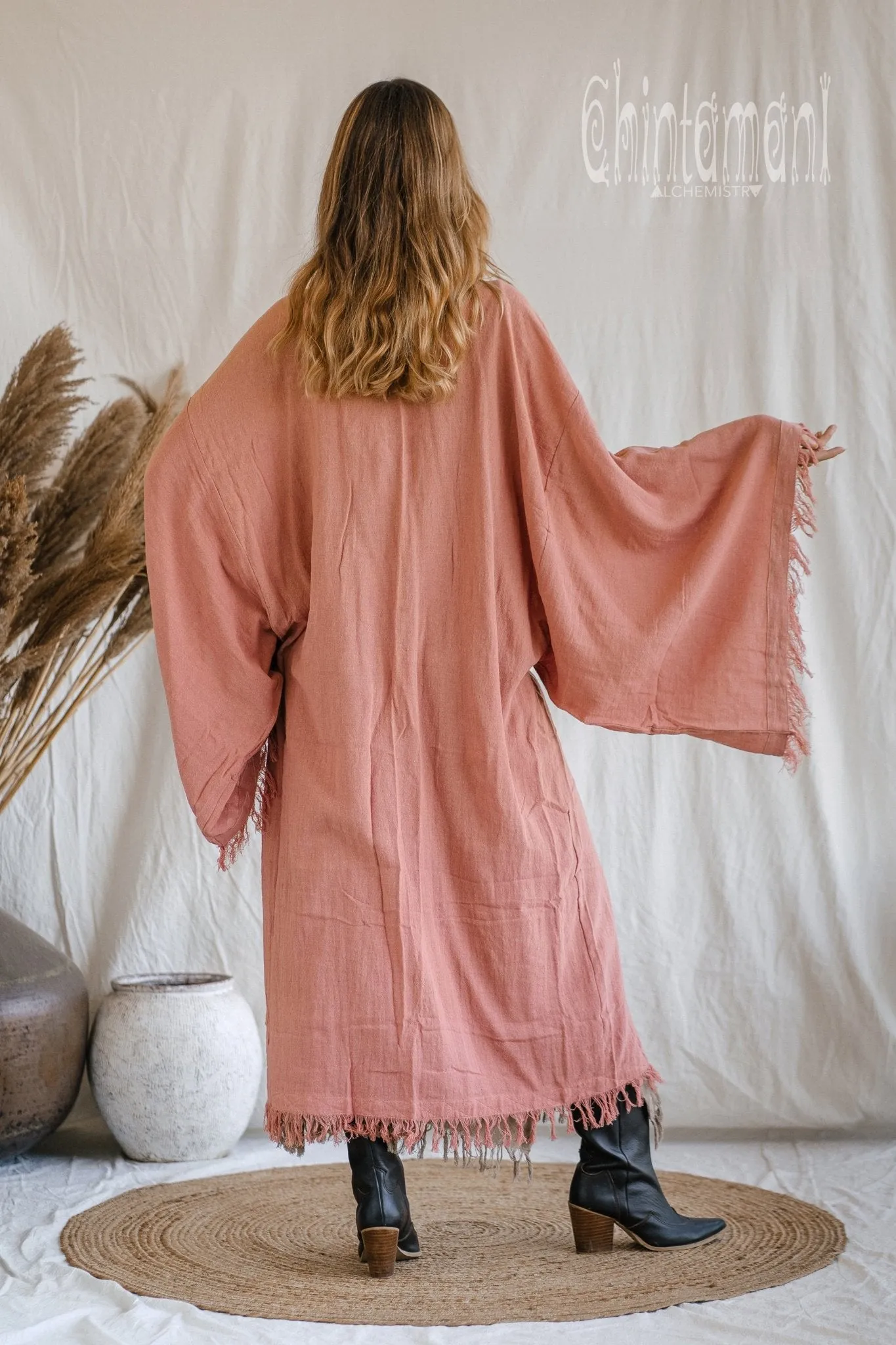 Huge Wide Sleeves Kimono Cardigan / Raw Cotton Wrap Robe / Soft Pink