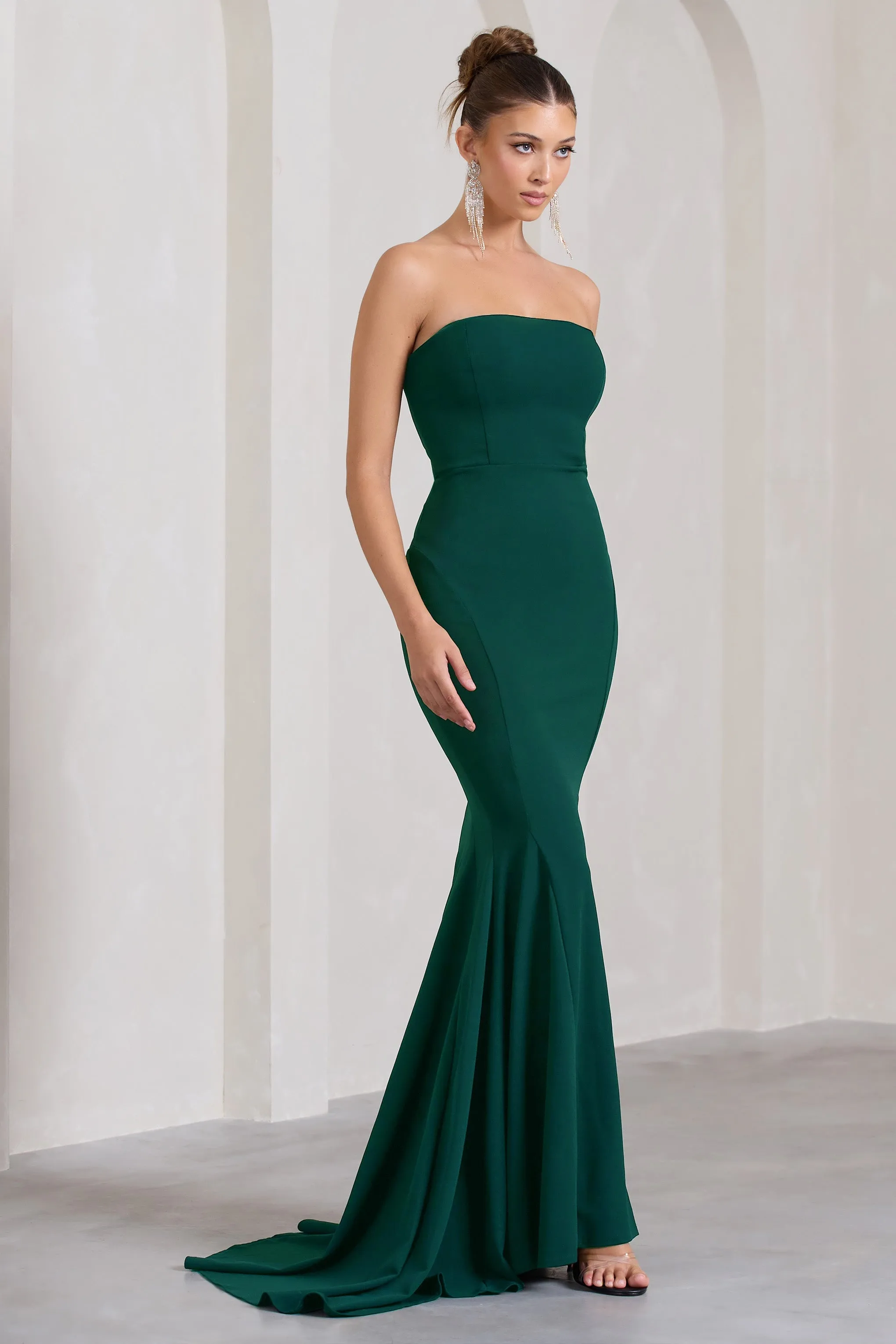 Impress Me | Bottle Green Strapless Bandeau Fishtail Maxi Dress