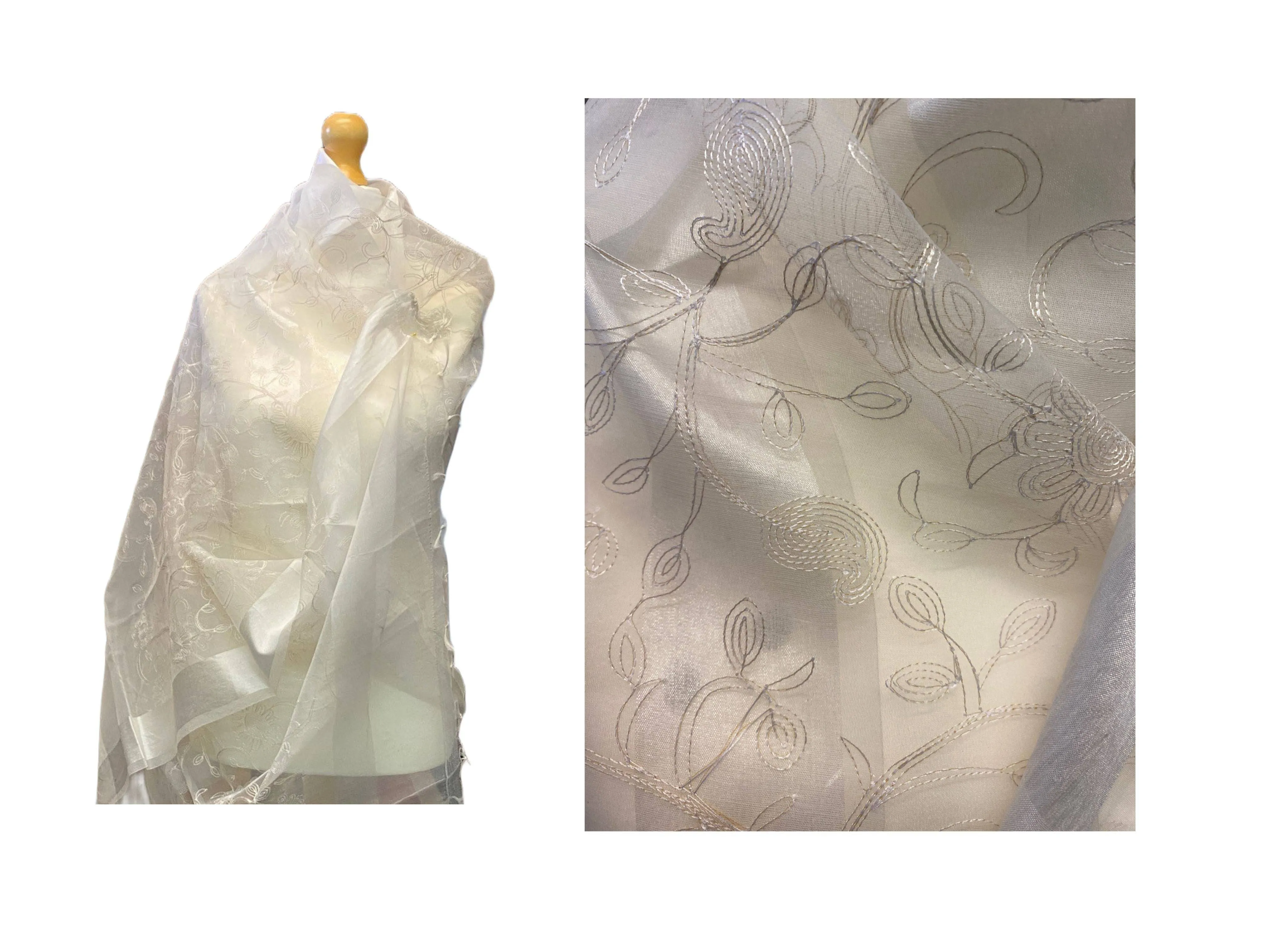 Ivory Embroidered Organza Scarf/Shoulder Wraps With Tassel Finish (SECONDS)