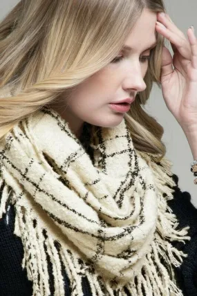 Ivory Plaid Soft Infinity Knit Tassel Fringe Womens Scarf