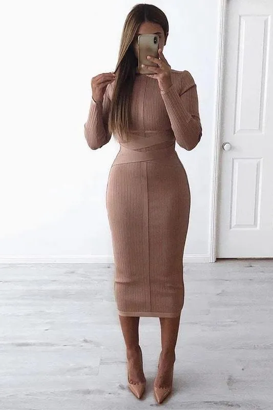 Jane Long Sleeve Bodycon Midi Dress - Nude