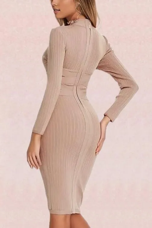 Jane Long Sleeve Bodycon Midi Dress - Nude