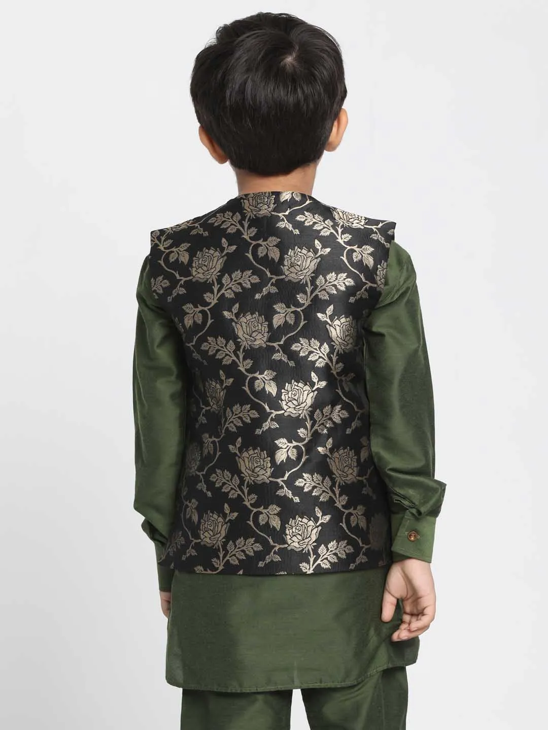 Jashvi Boys' Black Cotton Silk Blend Nehru Jacket