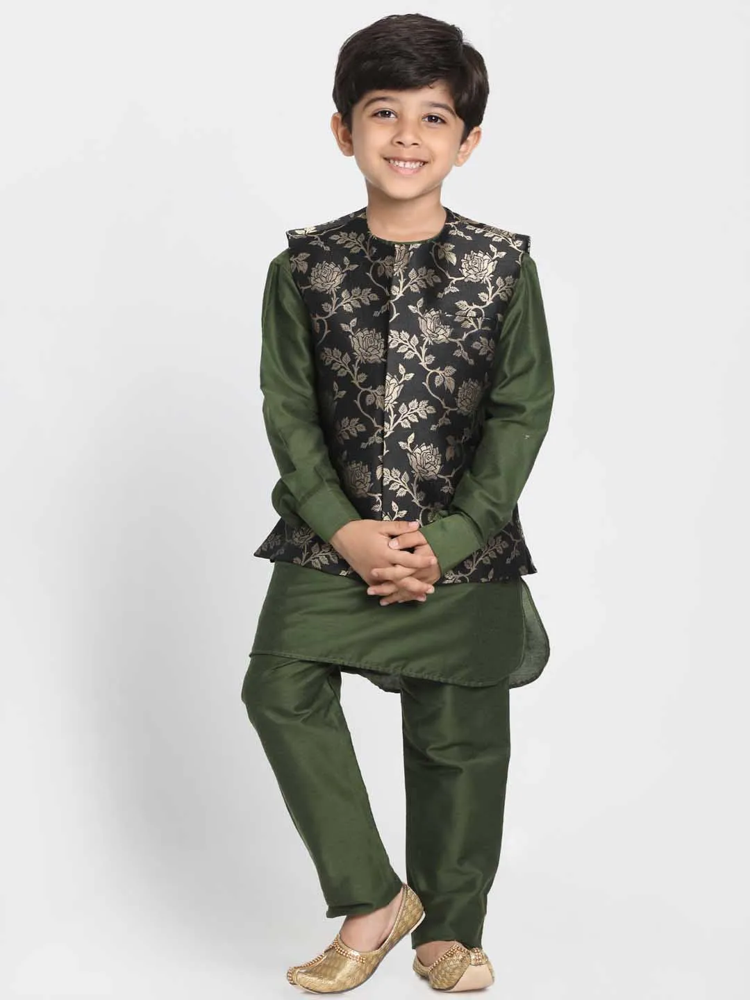 Jashvi Boys' Black Cotton Silk Blend Nehru Jacket