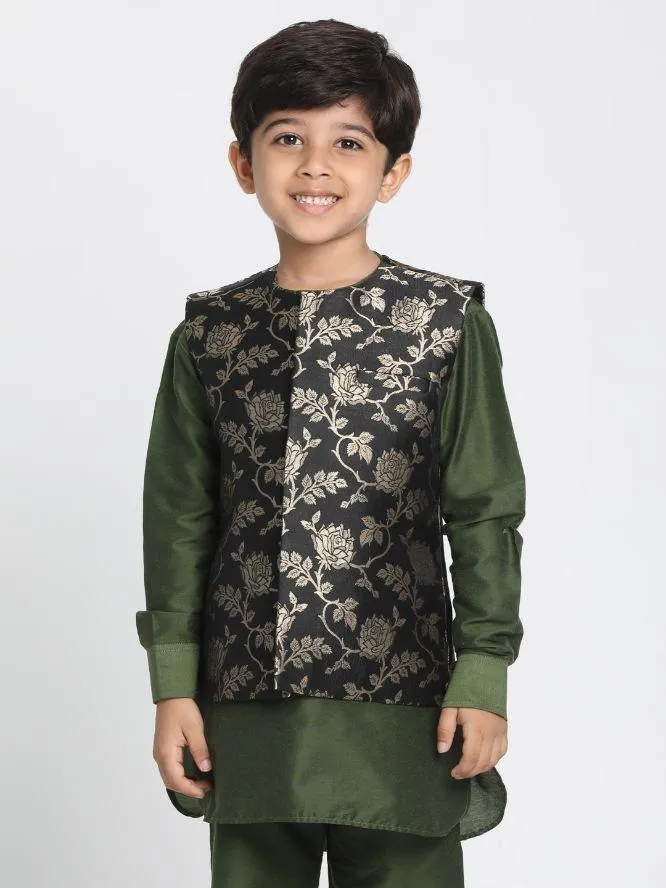 Jashvi Boys' Black Cotton Silk Blend Nehru Jacket