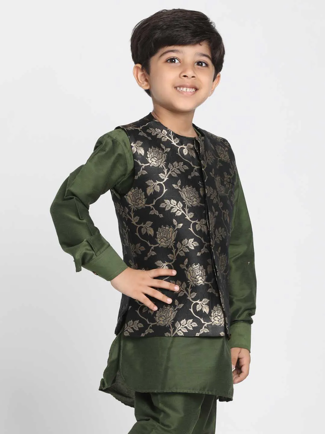 Jashvi Boys' Black Cotton Silk Blend Nehru Jacket