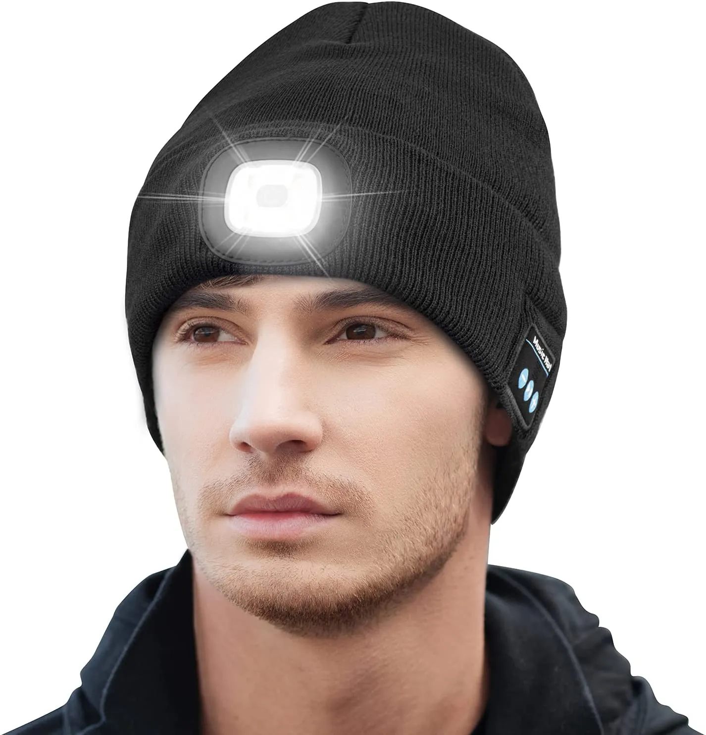 Keains Unisex Bluetooth Beanie with Headlight,Upgraded Musical Knitted Cap with Headphone and Built-In Stereo Speakers & Mic,Led Hat for Running Hiking,Chirstmas Gifts for Men Women