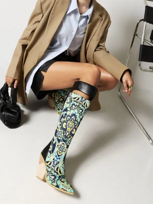 Knee-high Paisley Pattern Wedge Heel Pointed Toe Boots