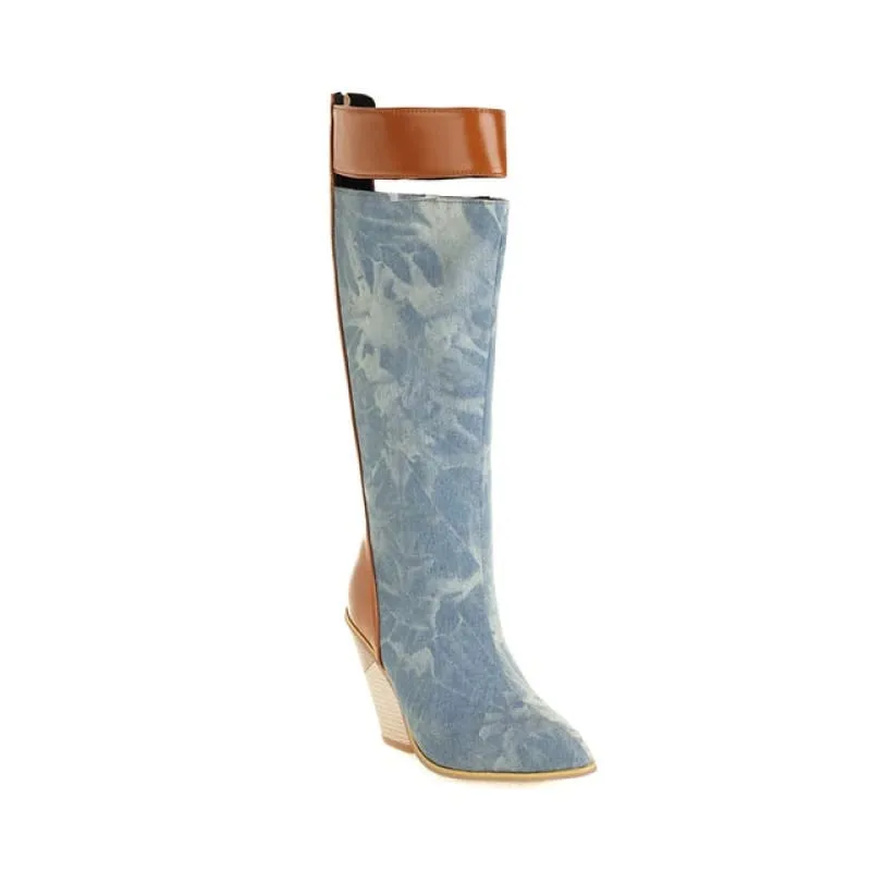 Knee-high Paisley Pattern Wedge Heel Pointed Toe Boots