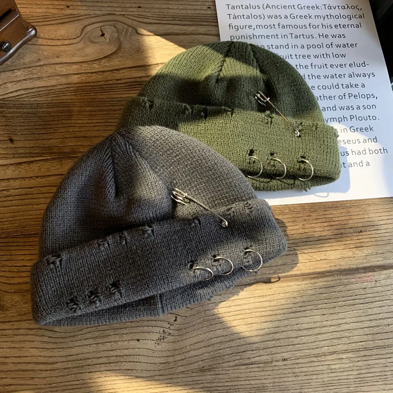 Knit Beanie With Holes and Pins