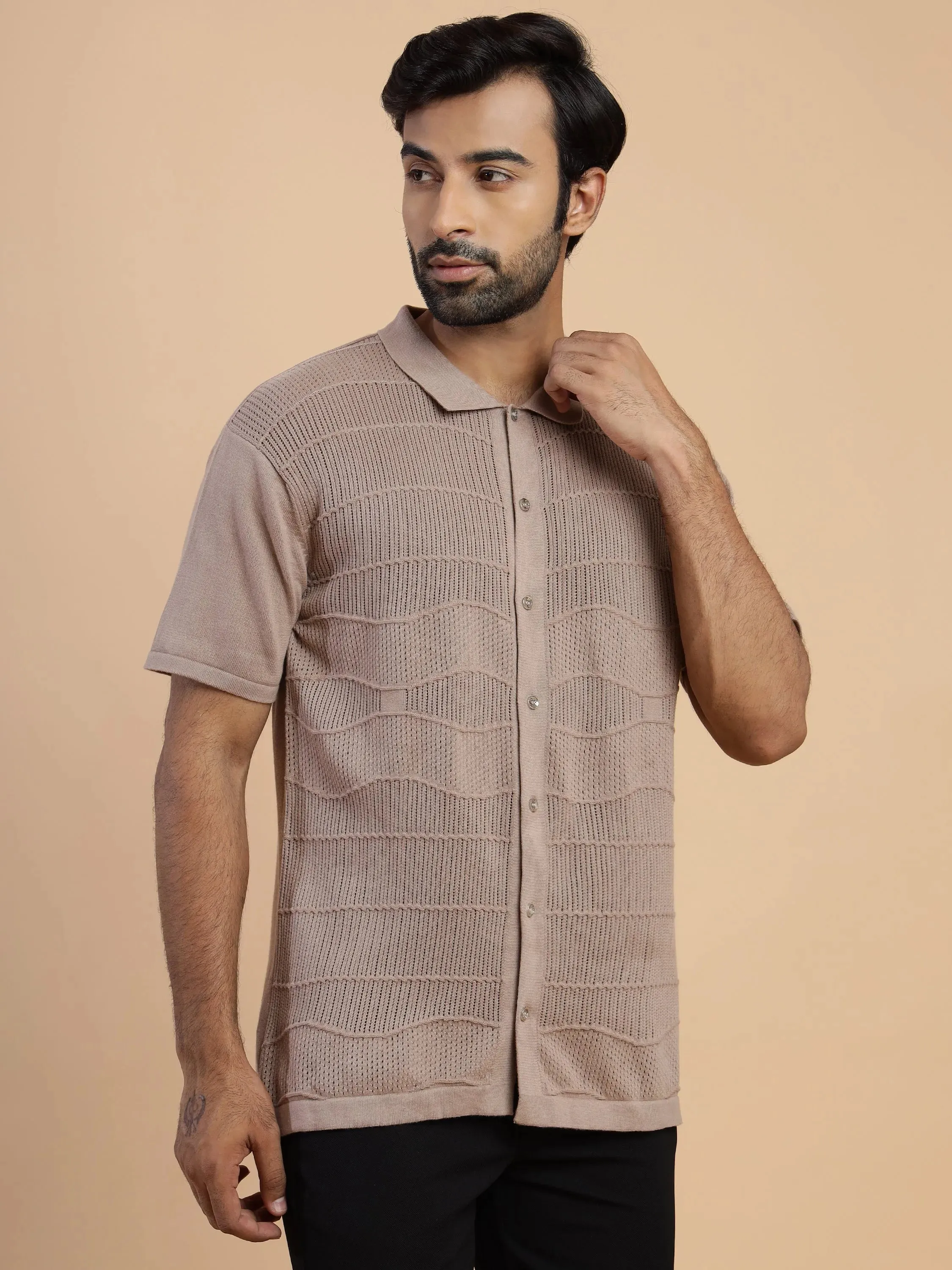 Knit Half Sleeve Men's Shirt in Cinereous brown