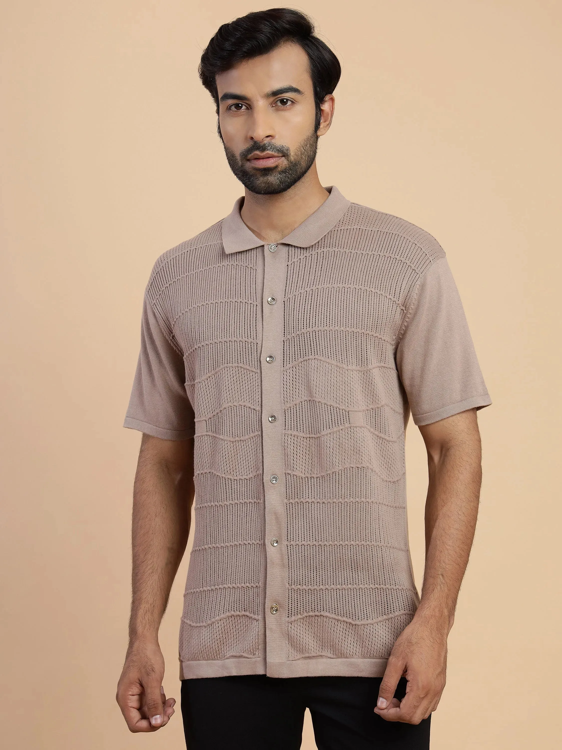 Knit Half Sleeve Men's Shirt in Cinereous brown