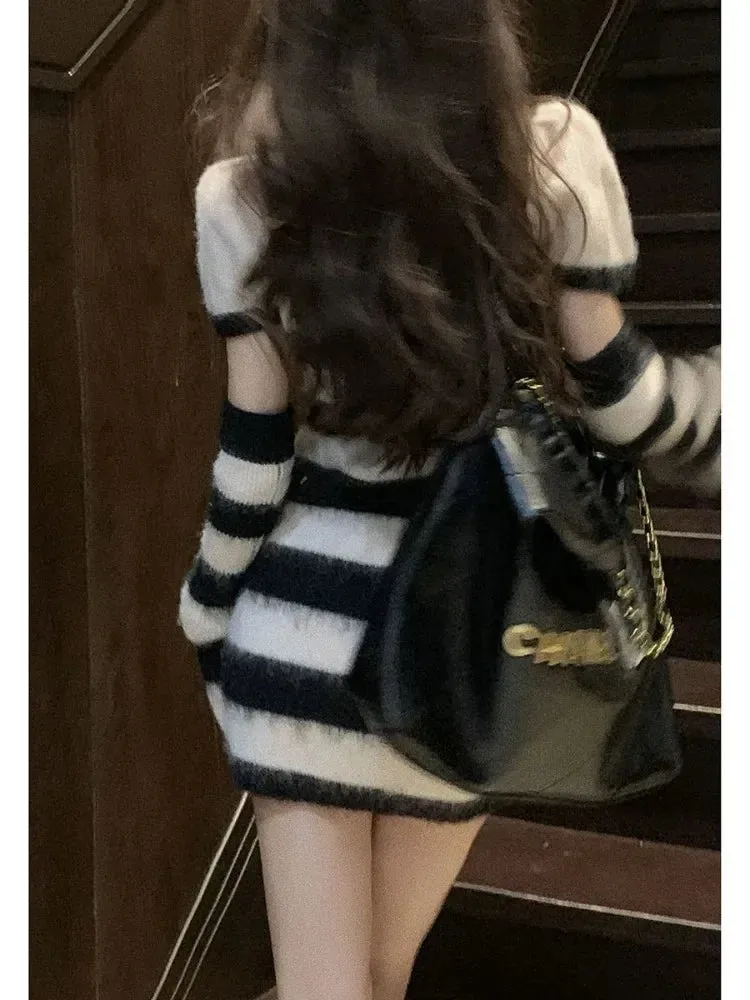 Knitted Sweater Striped Mini Bodycon Dress Women Autumn Winter Korean Style Kpop Casual Streetwear Short Dresses