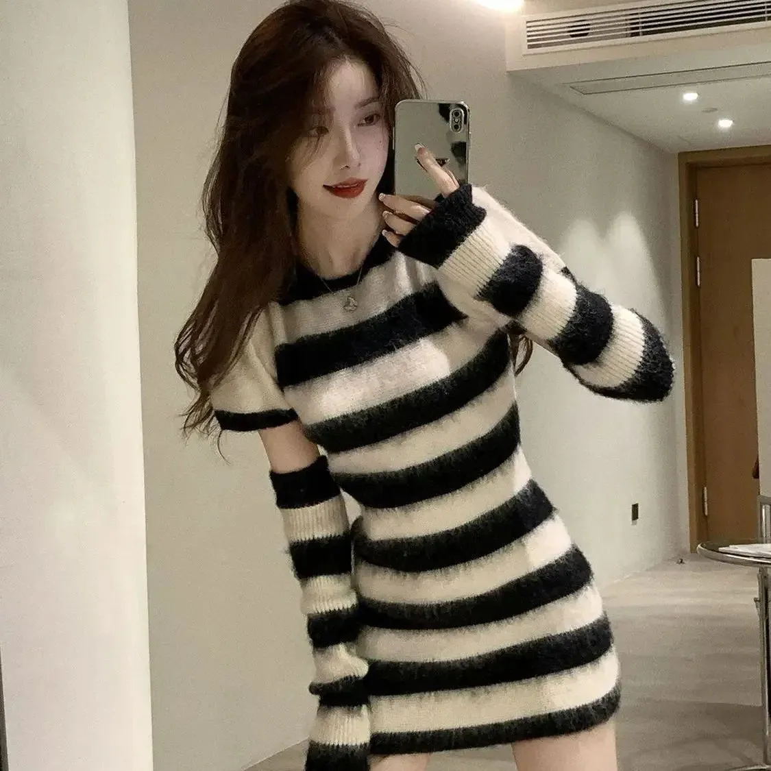 Knitted Sweater Striped Mini Bodycon Dress Women Autumn Winter Korean Style Kpop Casual Streetwear Short Dresses