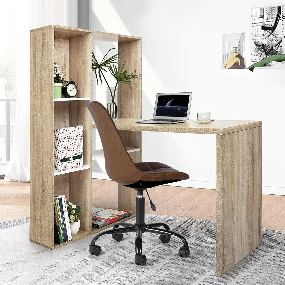 L-Shaped Desk with Shelves, Oak Finish