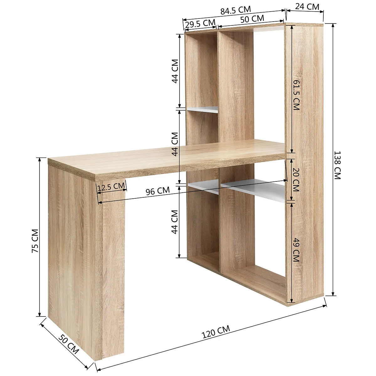 L-Shaped Desk with Shelves, Oak Finish