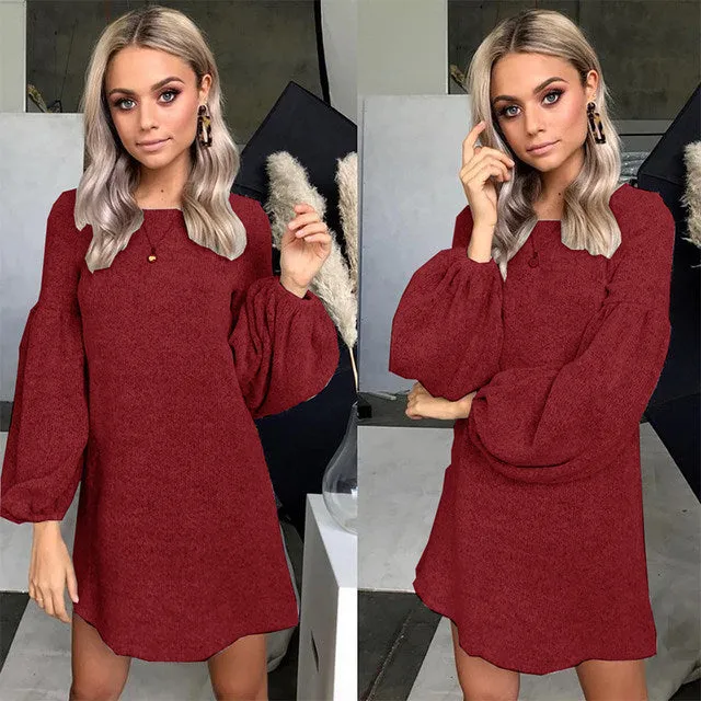 Ladies trendy balloon sleeve sweater dress