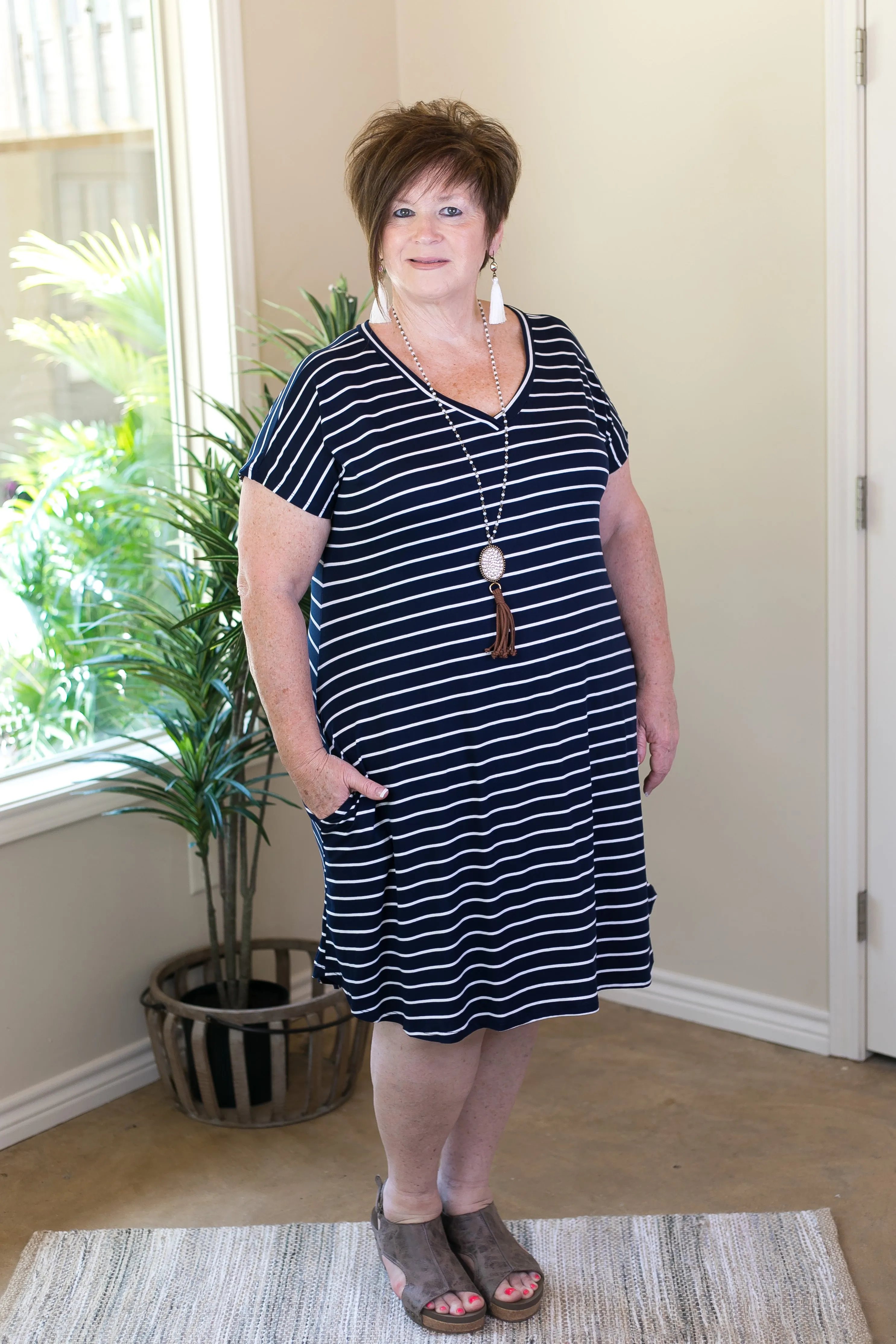 Last Chance Size Small | Beyond Reason Stripe Tee Shirt Dress in Navy Blue