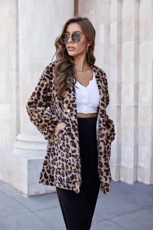 Leopard Print Mid-length Pocket Plush Coat