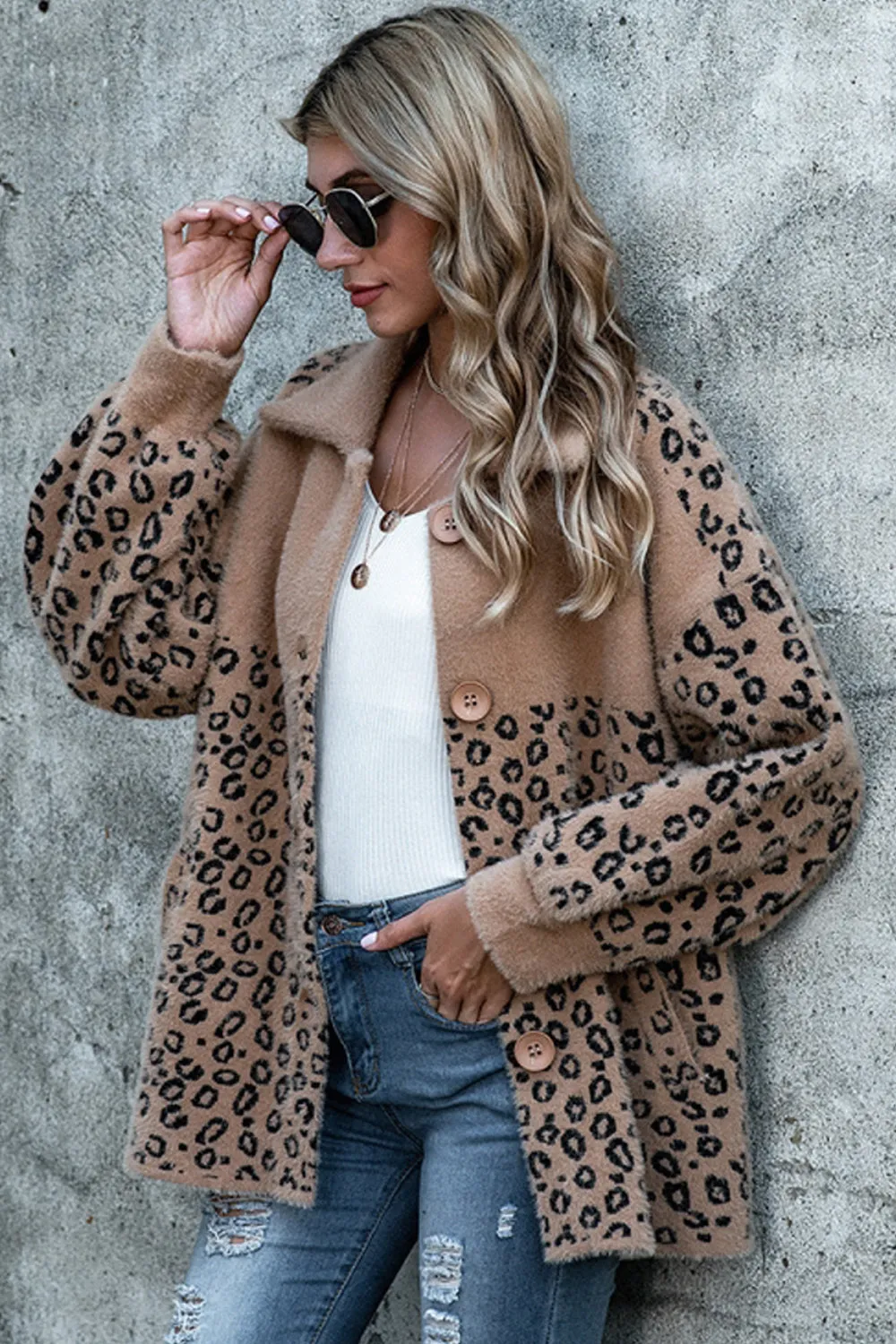 Leopard Print Stitching Button Plush Coat