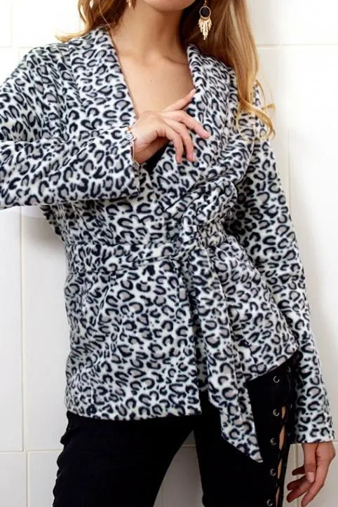 Leopard Turn-down Collar Belt Coat