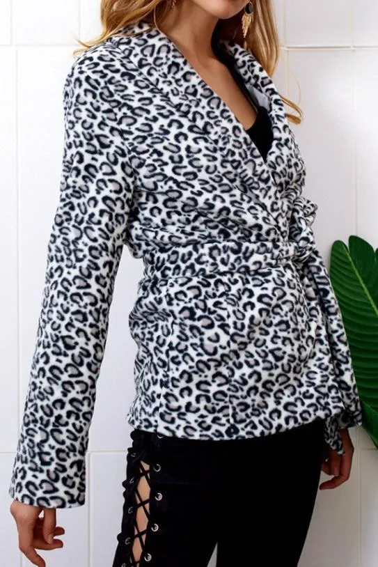 Leopard Turn-down Collar Belt Coat