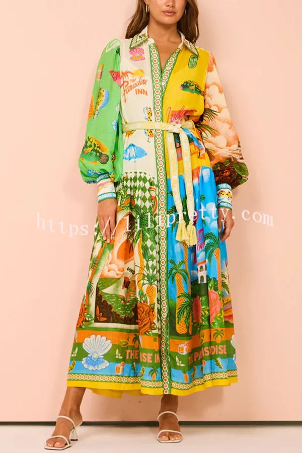 Lilipretty A World of Colour Unique Print Balloon Sleeve Belt Shirt Midi Dress