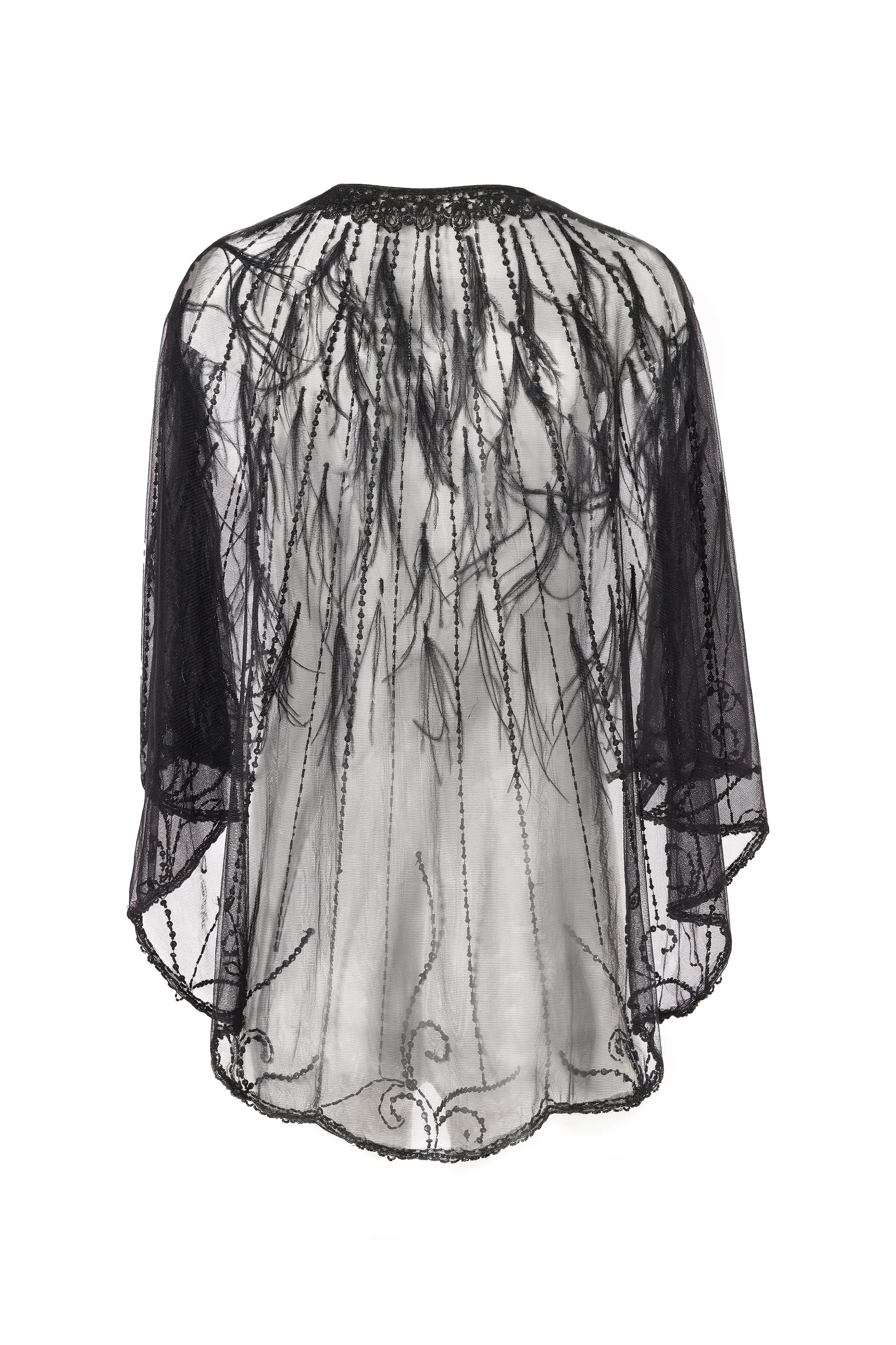 Long Beaded Mesh Shawl In Black