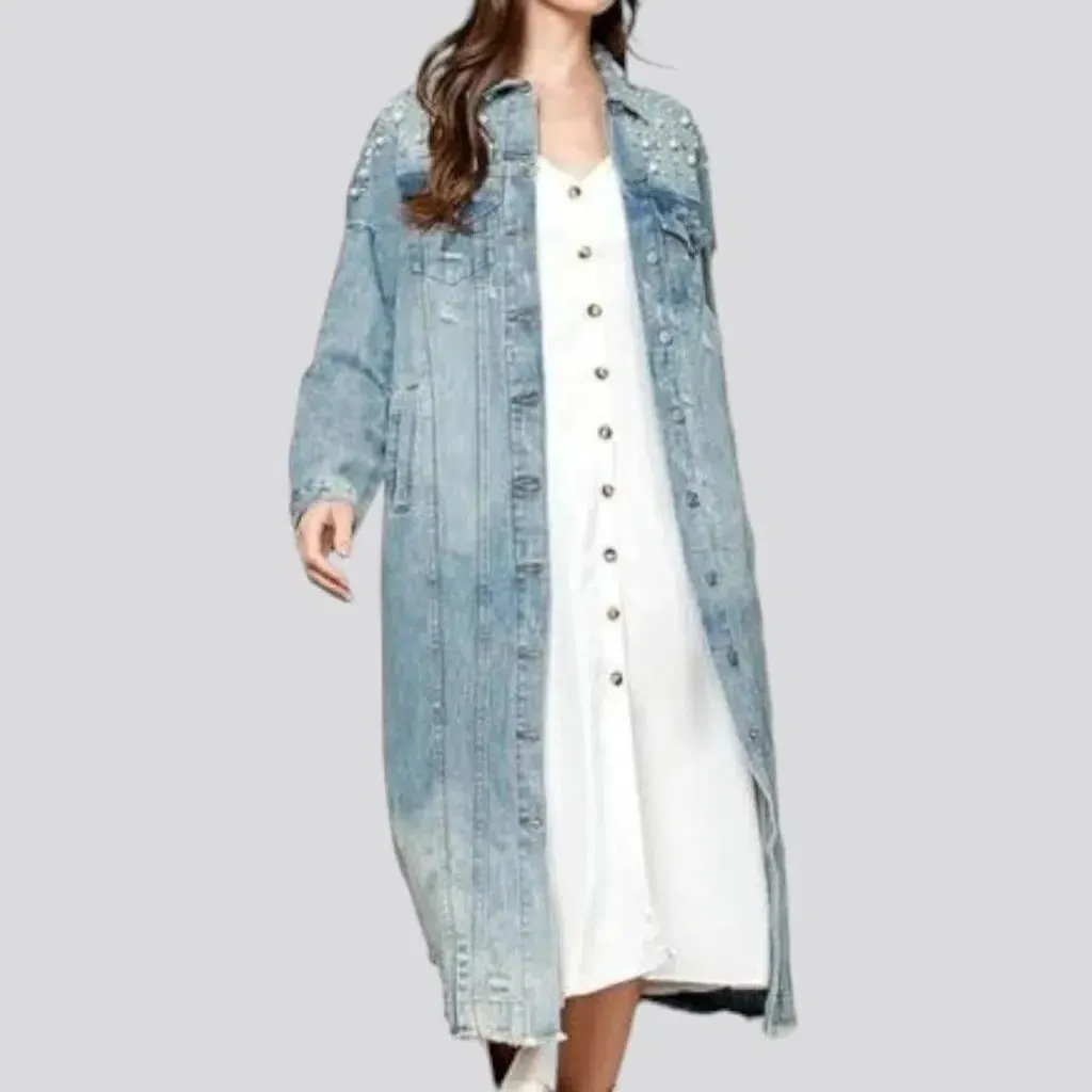 Long pearl denim jacket
 for women