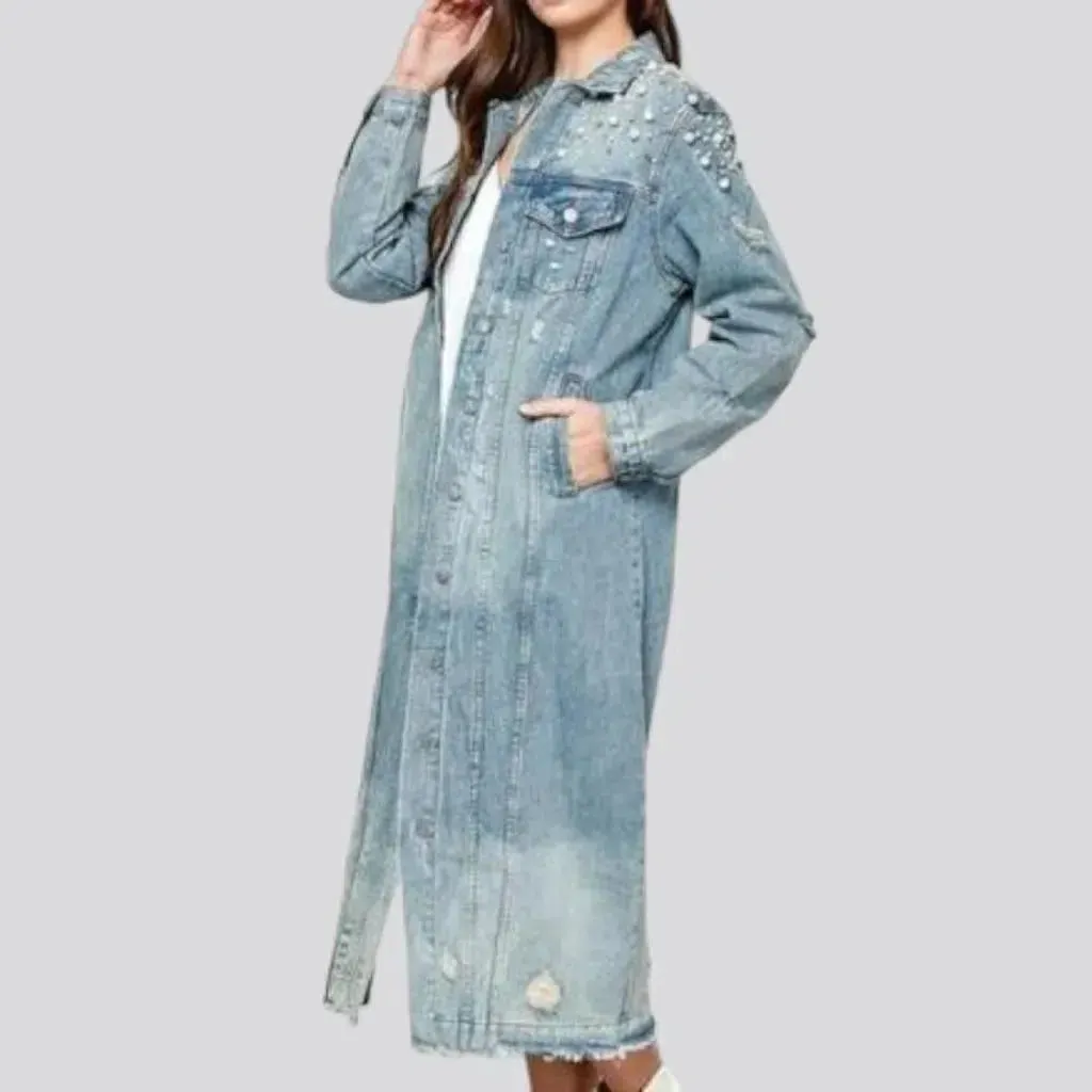 Long pearl denim jacket
 for women