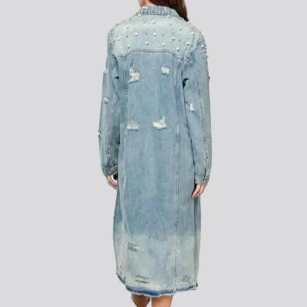 Long pearl denim jacket
 for women