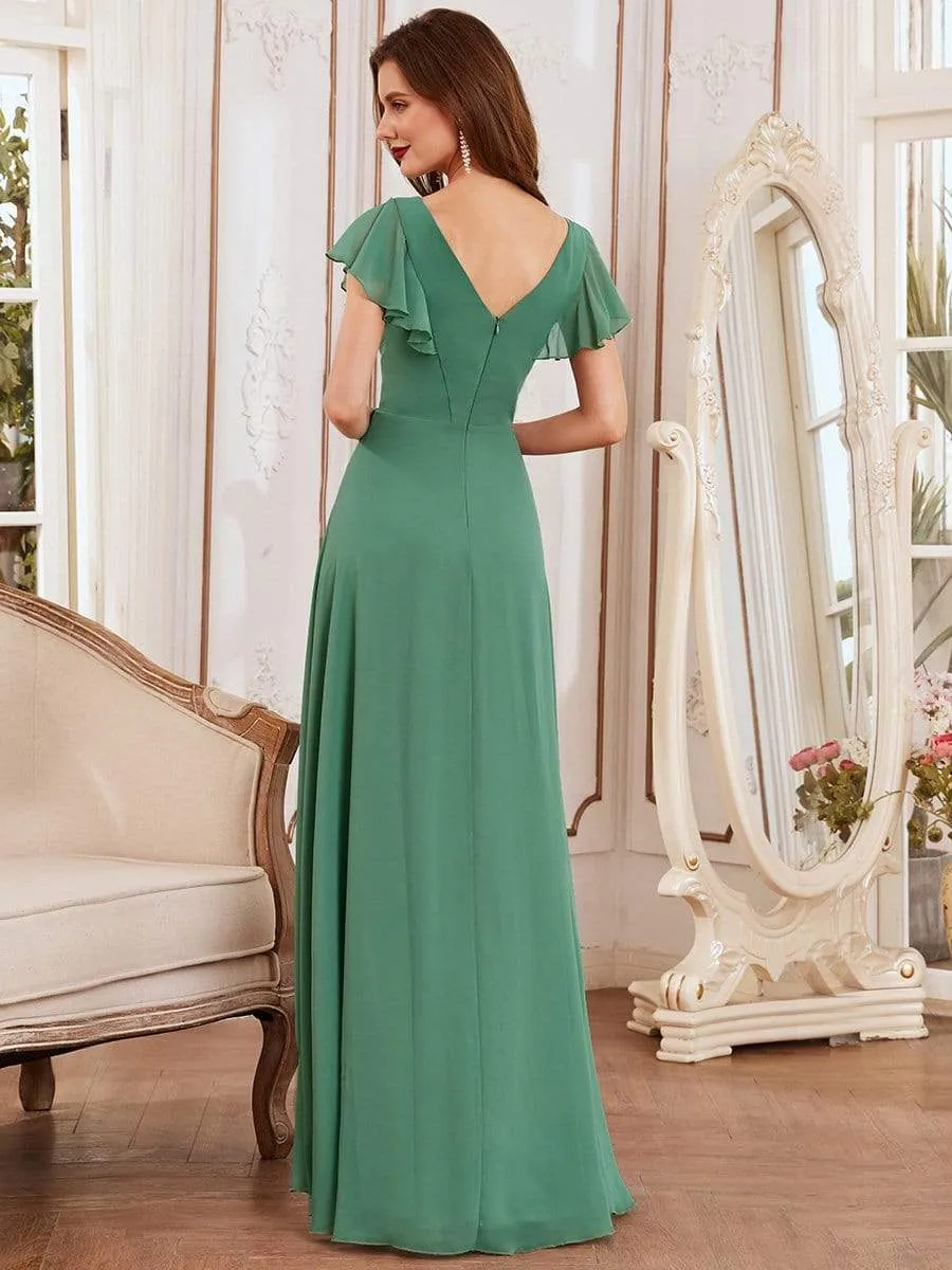 Lotus Leaf Sleeve Ruffled High Low Bridesmaid Dress