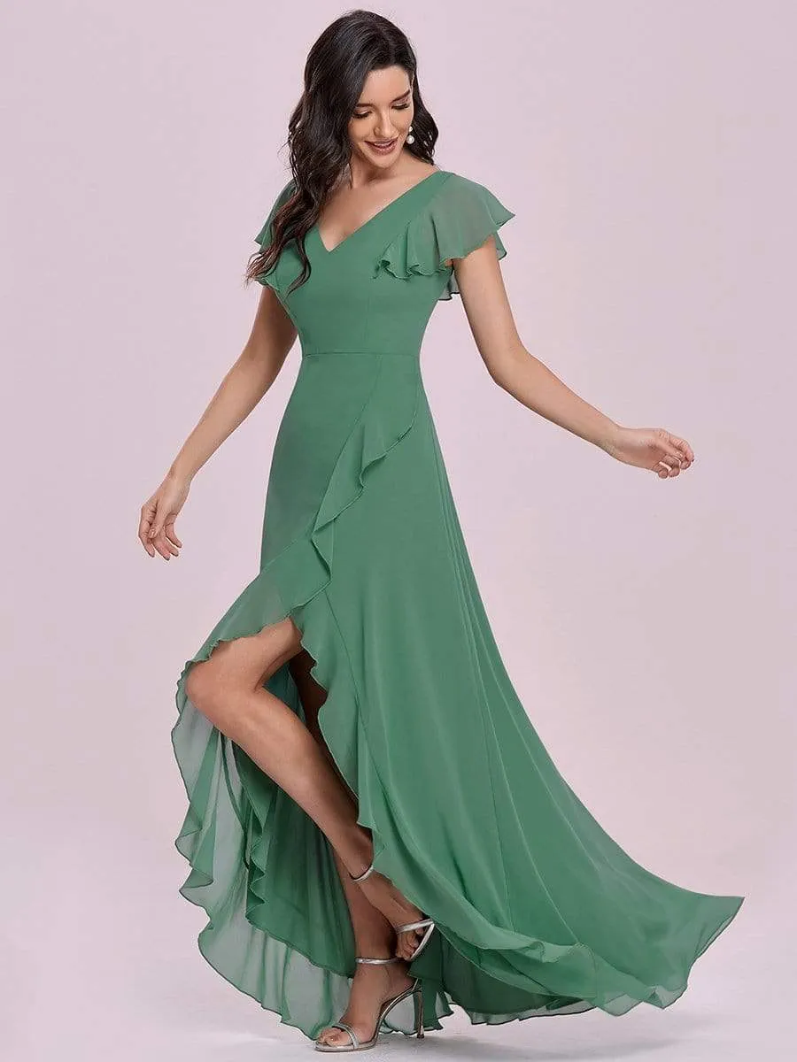 Lotus Leaf Sleeve Ruffled High Low Bridesmaid Dress