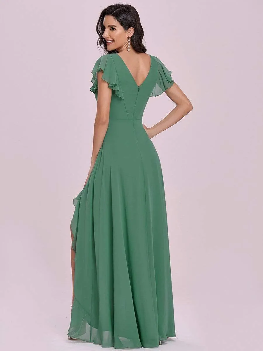 Lotus Leaf Sleeve Ruffled High Low Bridesmaid Dress