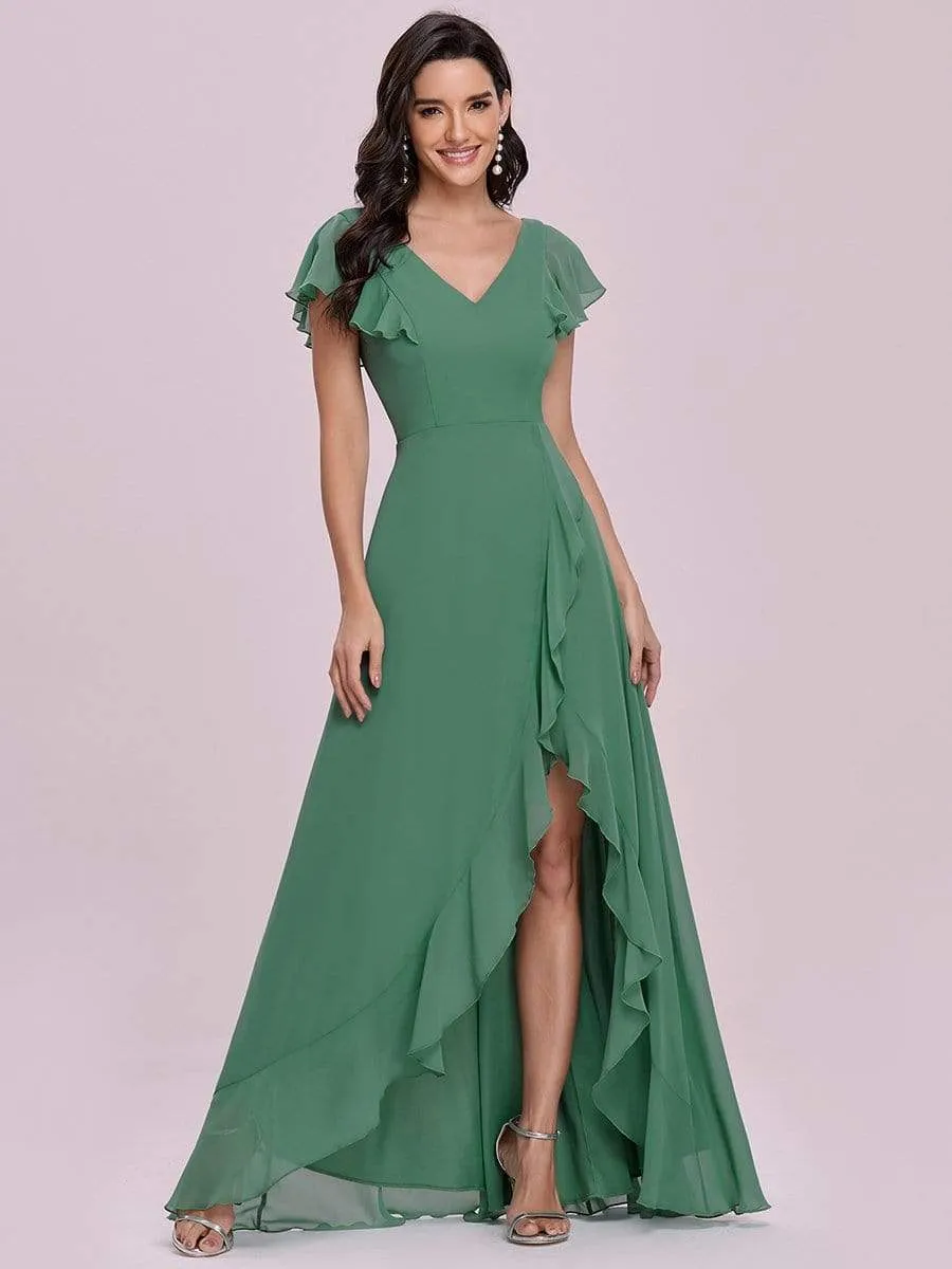 Lotus Leaf Sleeve Ruffled High Low Bridesmaid Dress