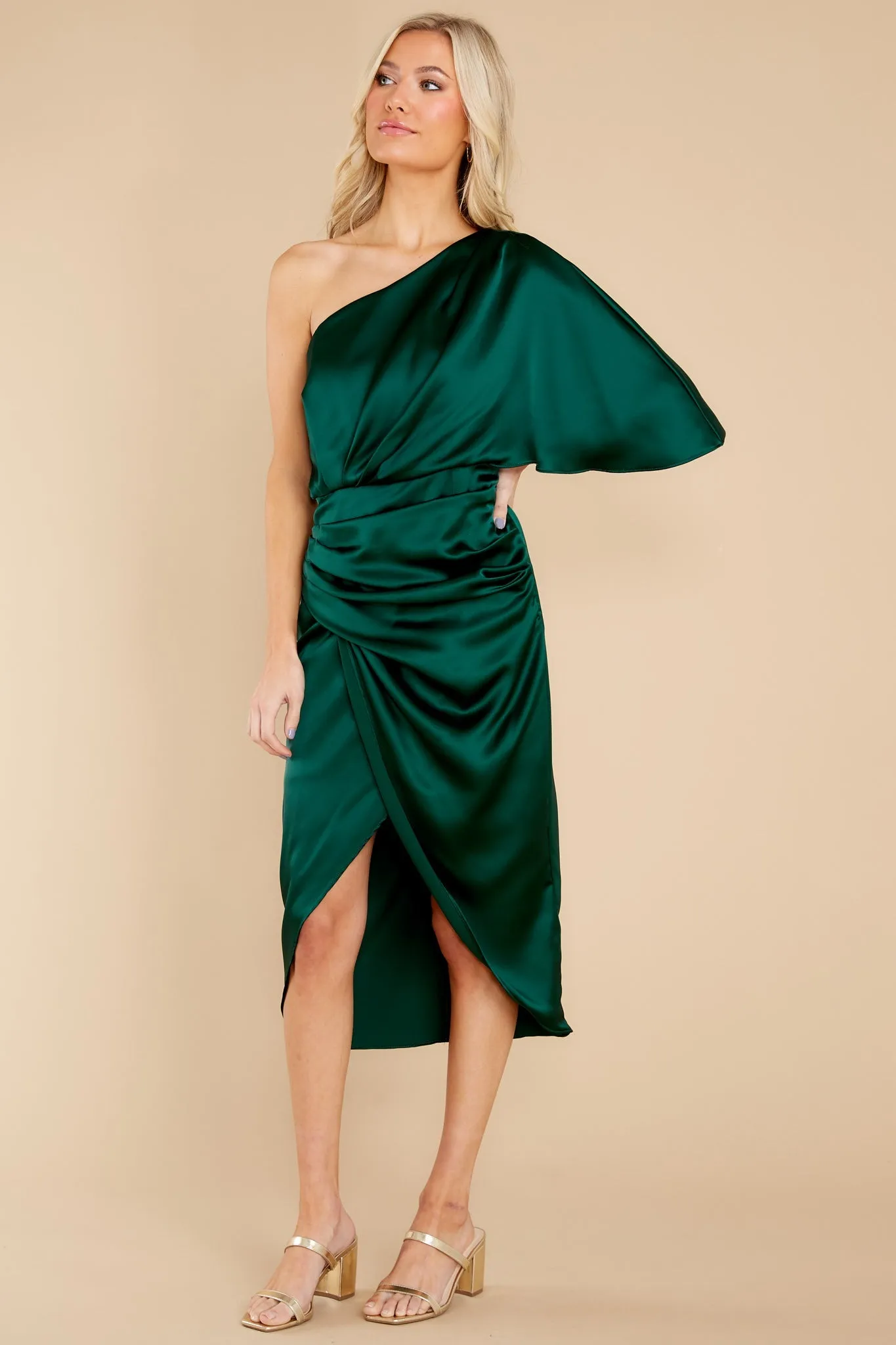 Make A Toast Dark Green One Shoulder Dress