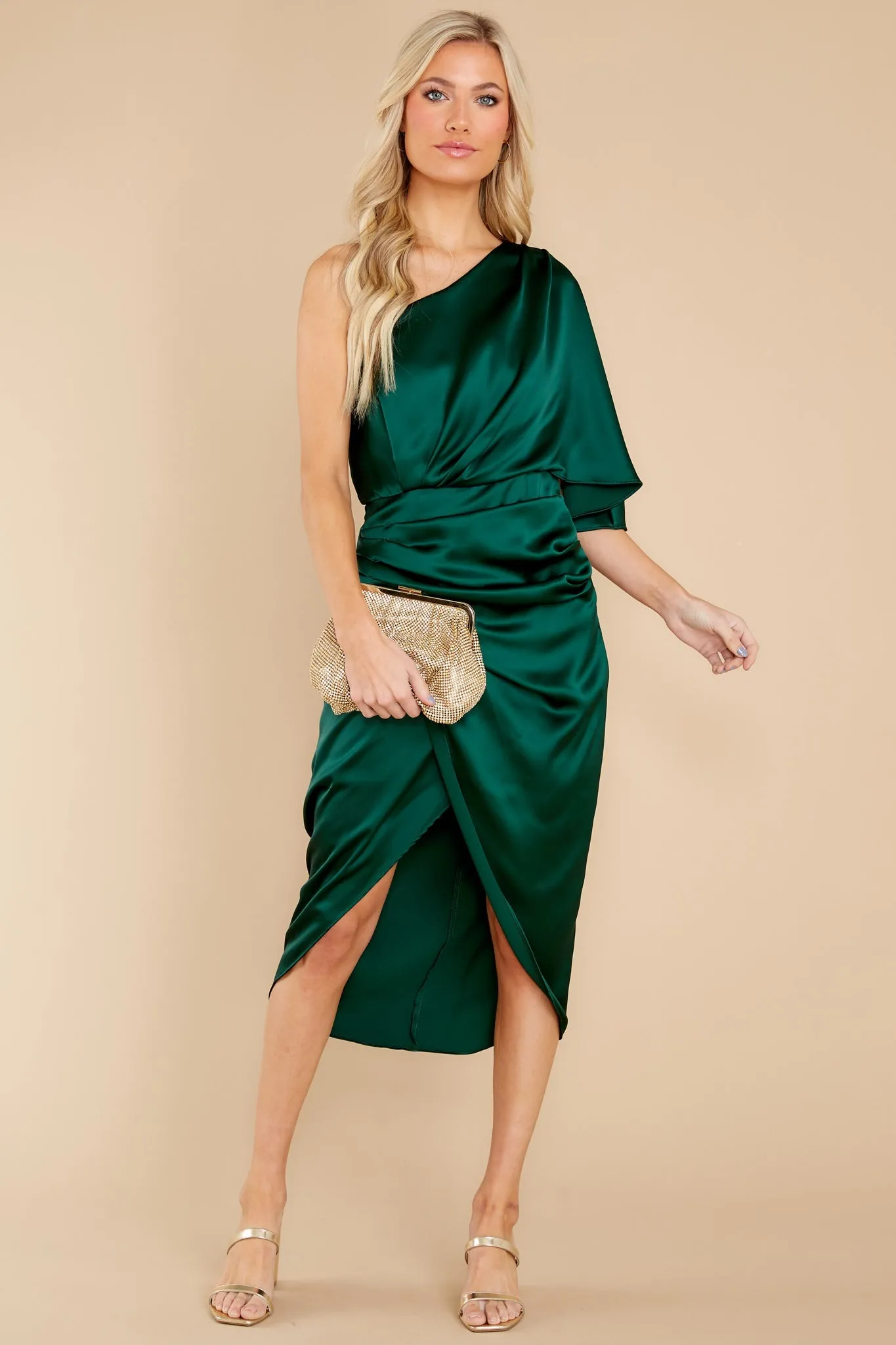 Make A Toast Dark Green One Shoulder Dress