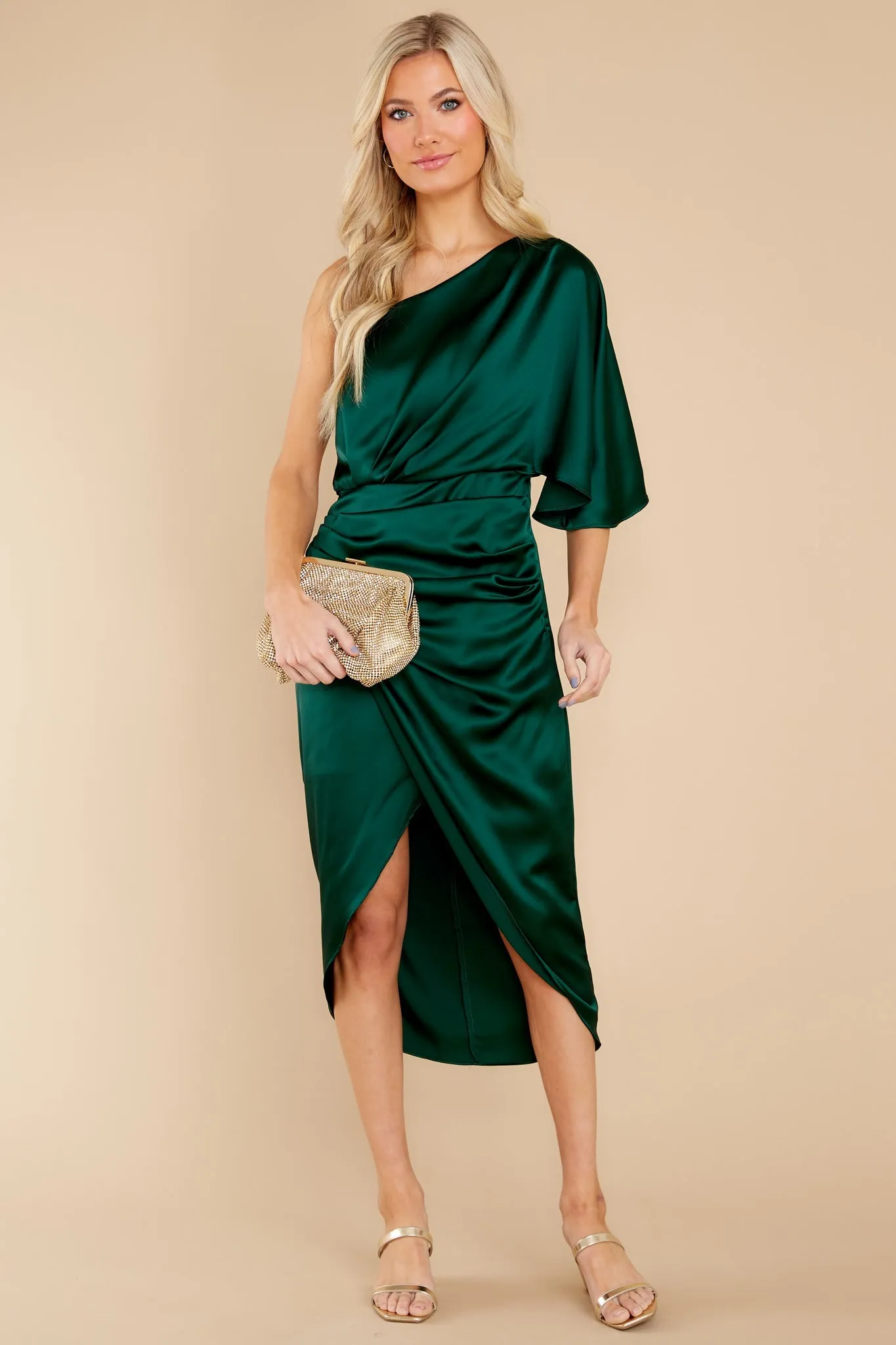 Make A Toast Dark Green One Shoulder Dress