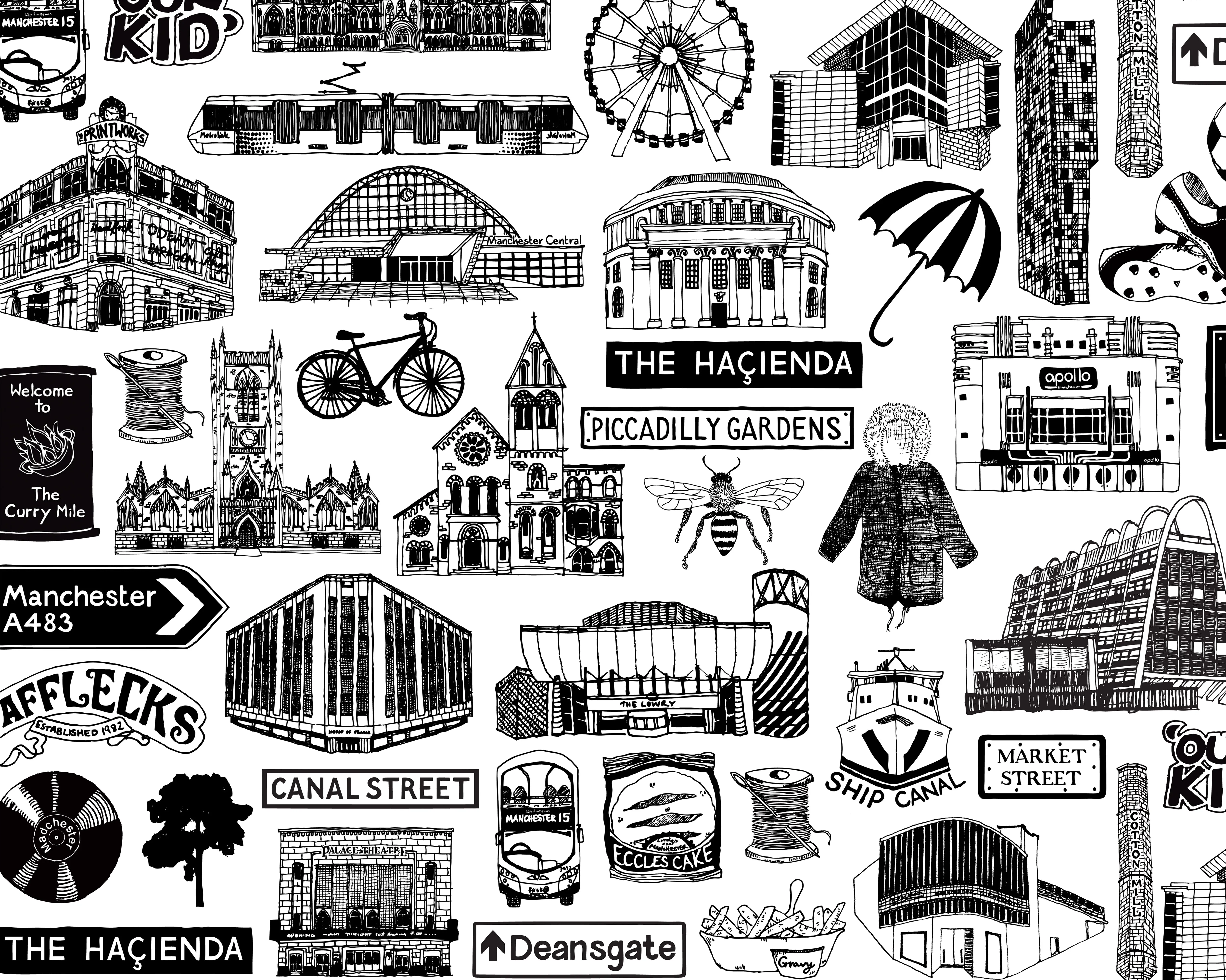 Manchester illustrated black and white print