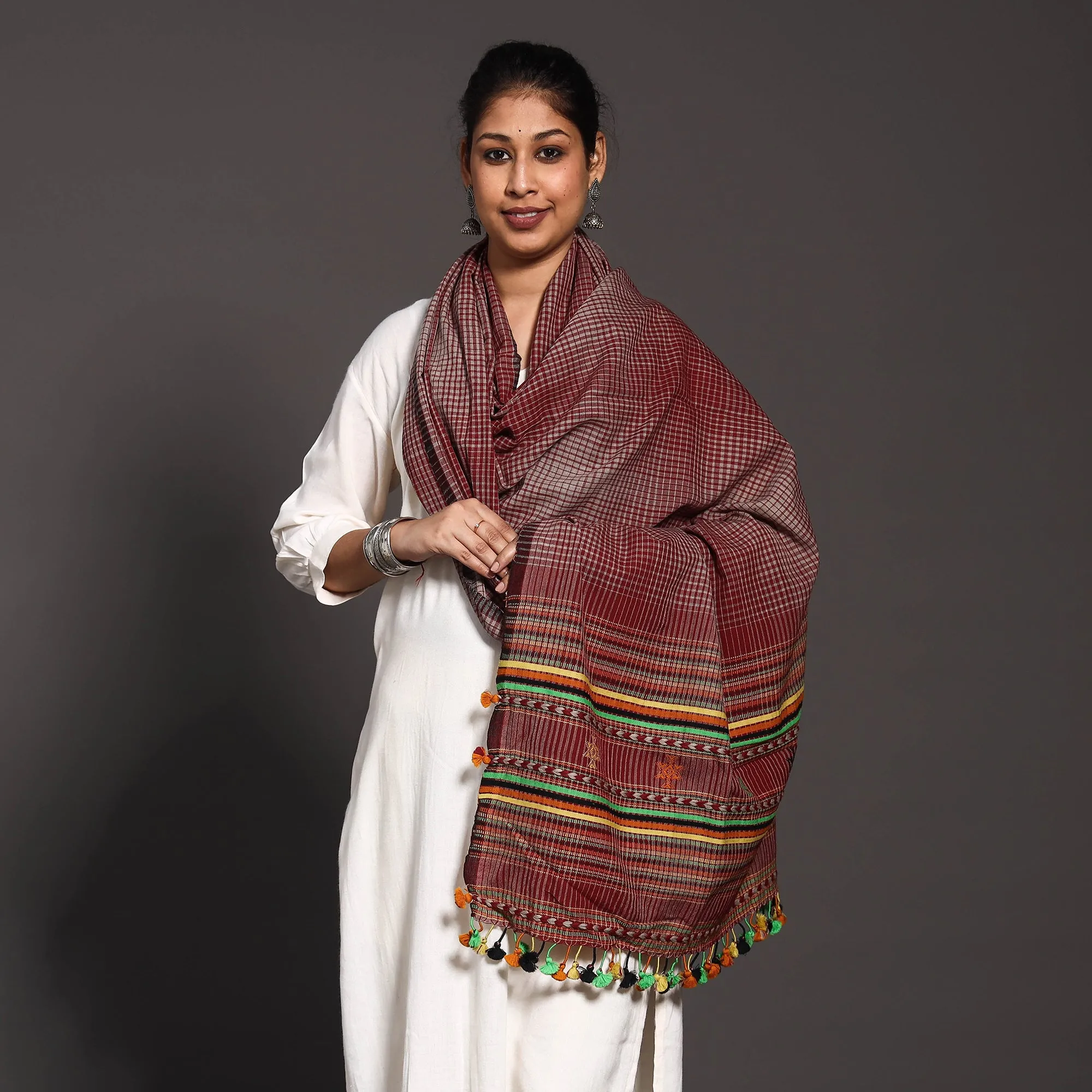 Maroon - Kutch Handwoven Bharwadi Checks Pure Wool Embroidered Shawl