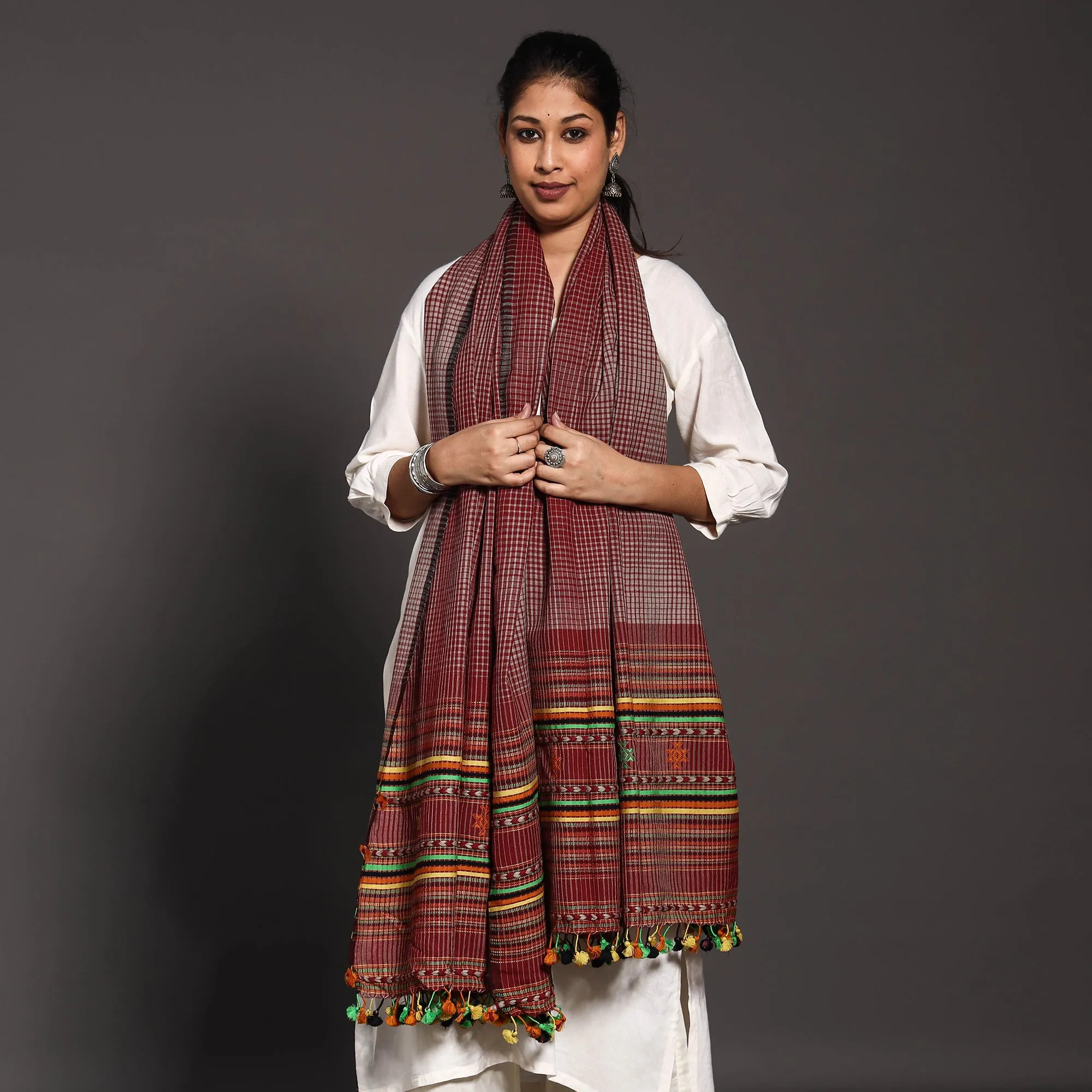 Maroon - Kutch Handwoven Bharwadi Checks Pure Wool Embroidered Shawl