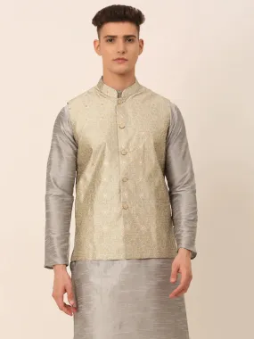 Men Beige & Golden Woven Design Nehru Jackets-Jowc_4045Beige