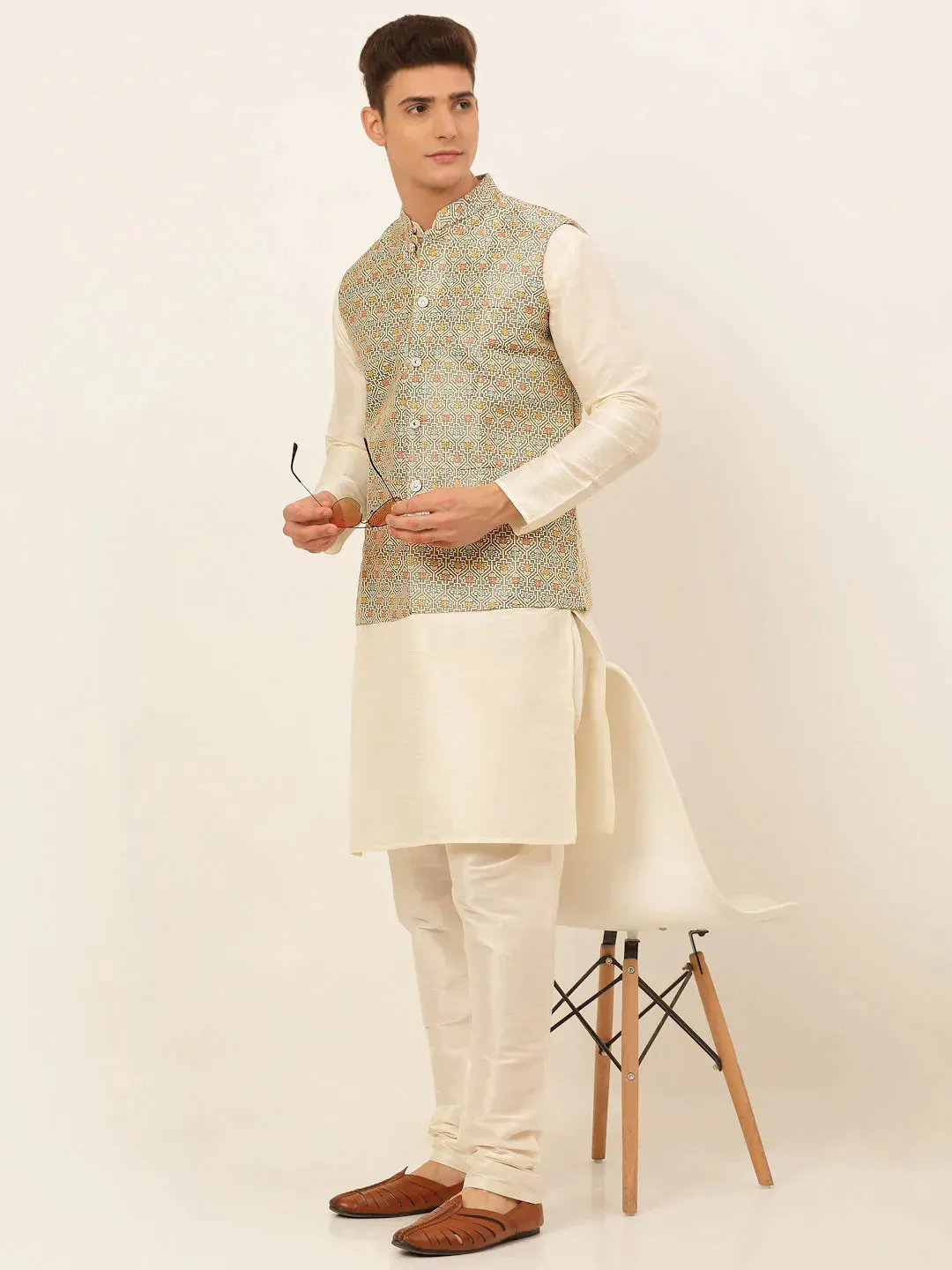 Men Grey Embroidered Nehru Jacket