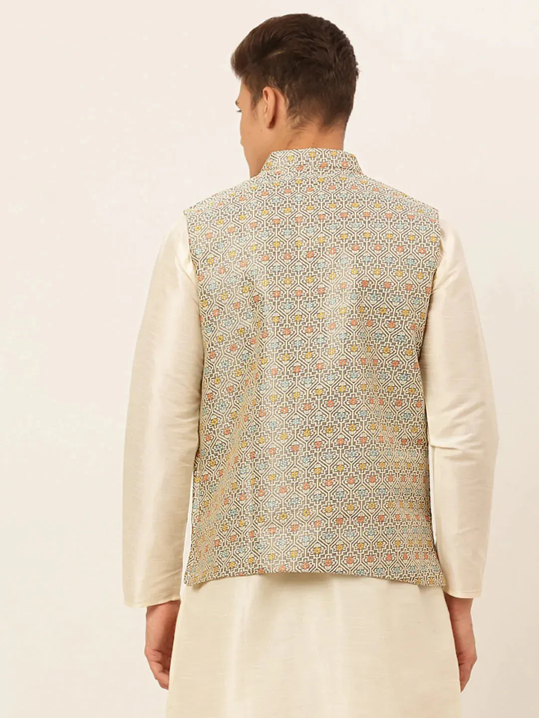 Men Grey Embroidered Nehru Jacket