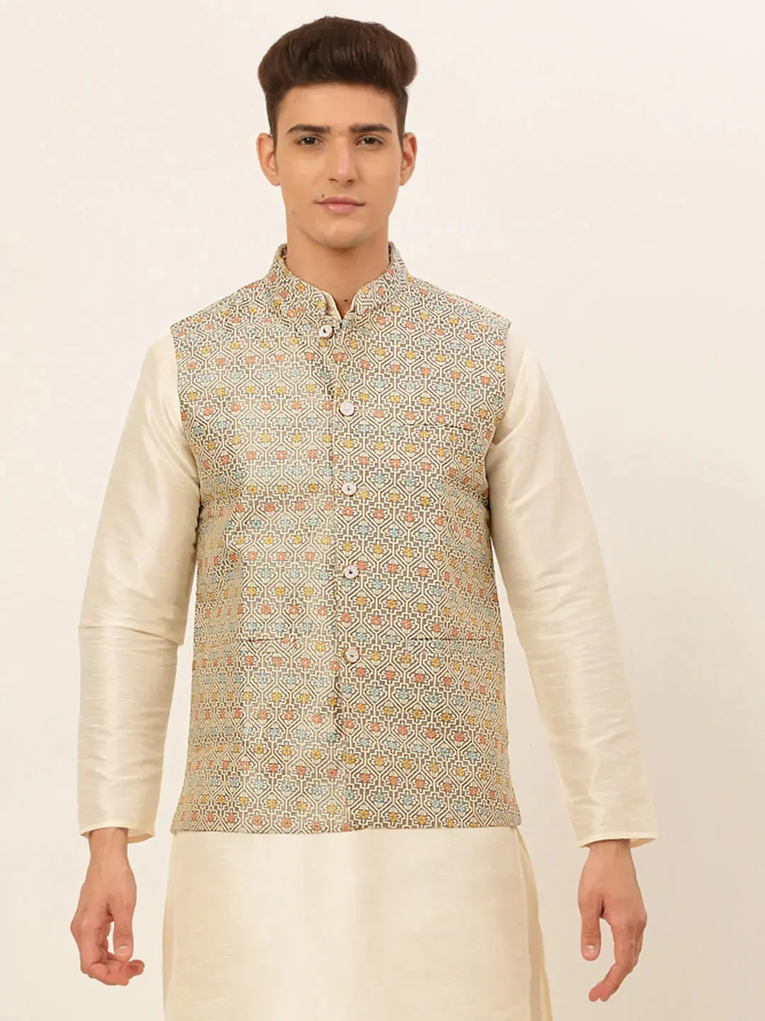 Men Grey Embroidered Nehru Jacket