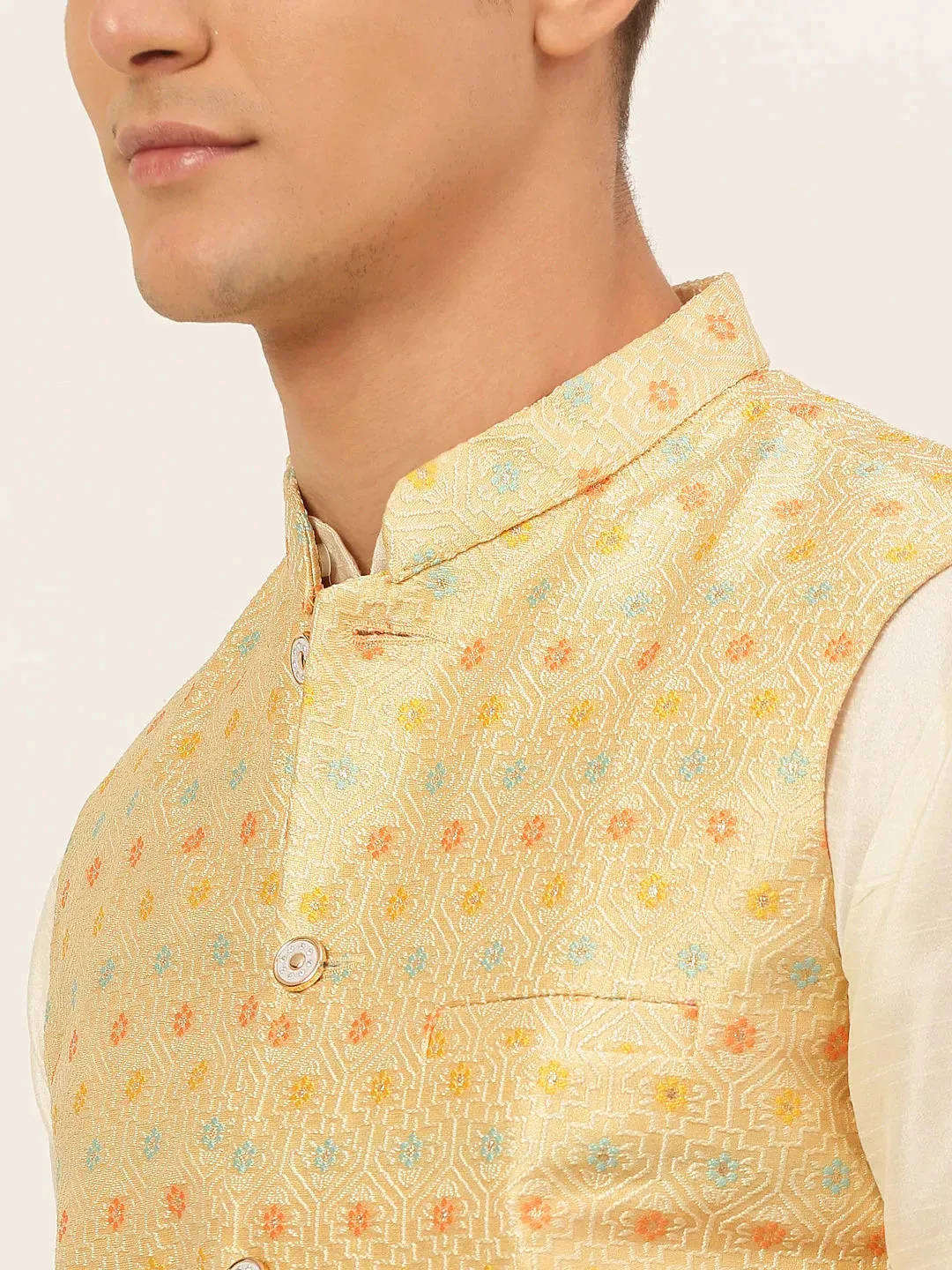 Men Yellow Embroidered Nehru Jacket