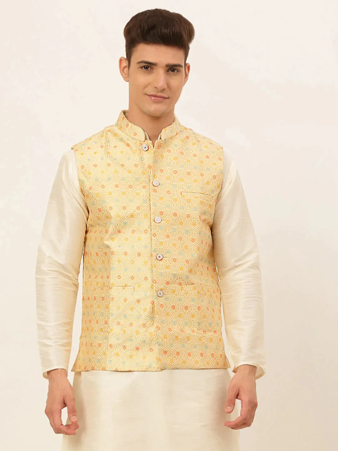 Men Yellow Embroidered Nehru Jacket