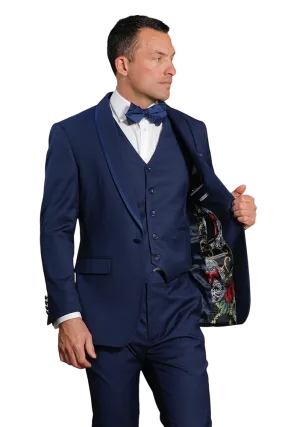 Men's Blue Tuxedo Slim-Fit Single Breast One Buttons Vested and Bowtie