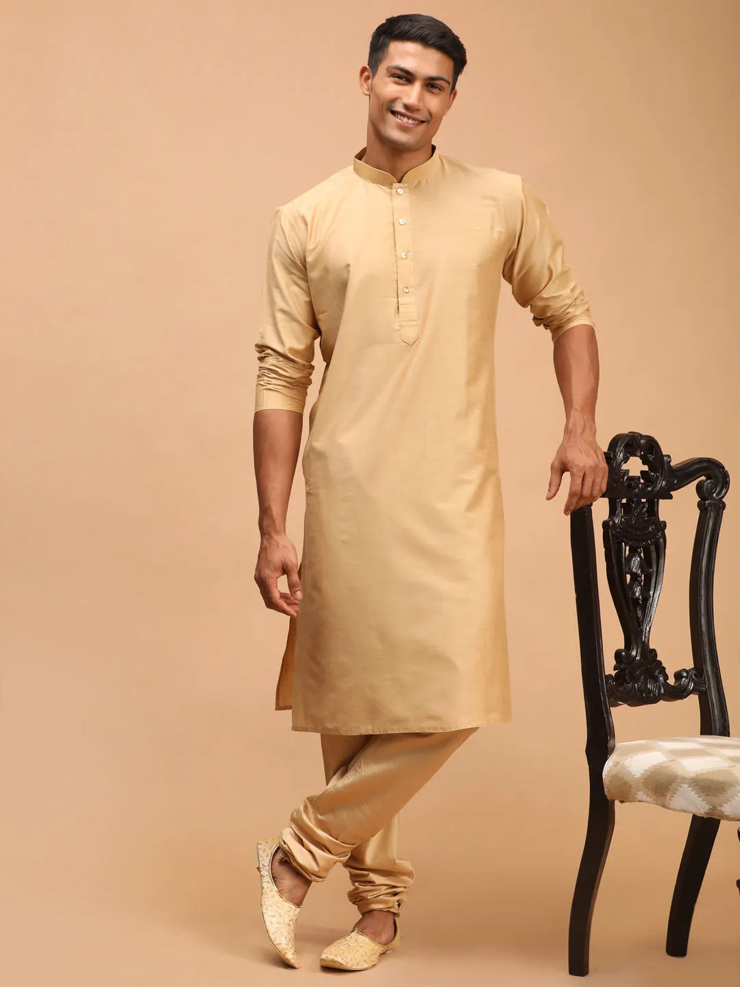 Men's Green And Rose Gold Viscose Jacket, Kurta And Pyjama Set - Shrestha By Vastramay